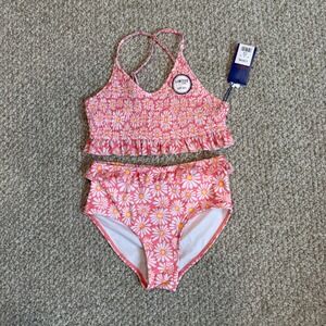 Limited Too Girls Icy Pink Daisy Floral Smocked Bikini Swimsuit Set Size L 12/14